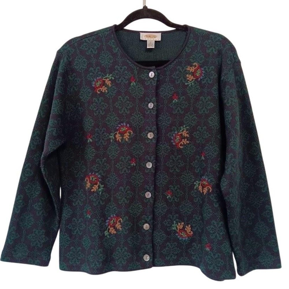 Vintage Talbots Sweater Womens Medium Petite Green Cardigan Embroidered 90s